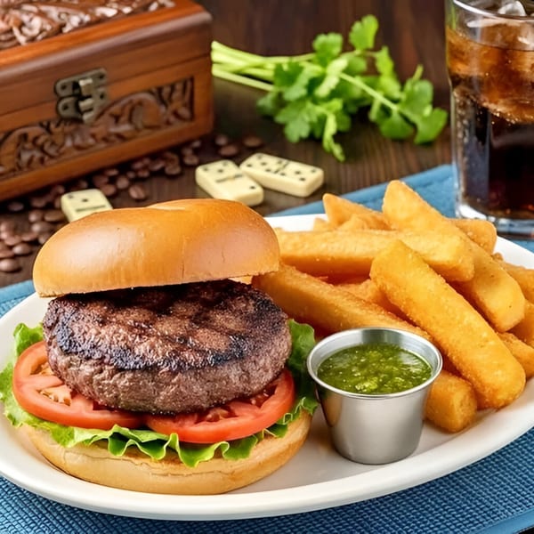 Cuban burger with fries and green sauce, dominoes, and a drink on a blue placemat.