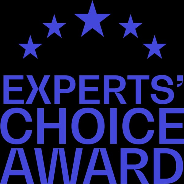 Blue text on a black background reads "EXPERTS' CHOICE AWARD" with five stars above.
